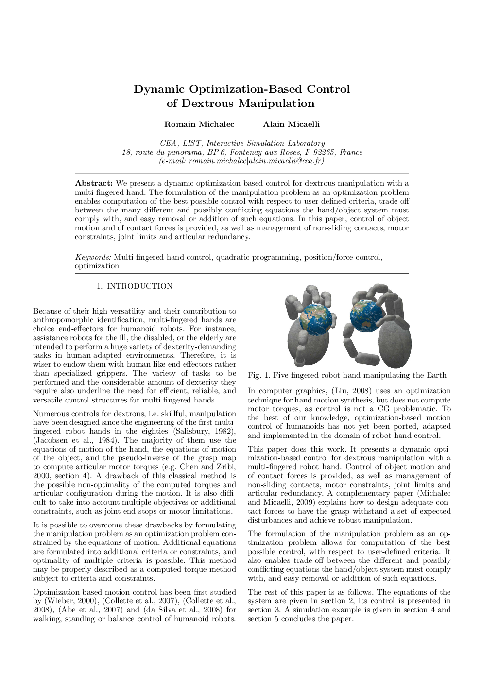عکس صفحه اول مقاله: Dynamic Optimization-Based Control of Dextrous Manipulation Dynamic Optimization-Based Control of Dextrous Manipulation