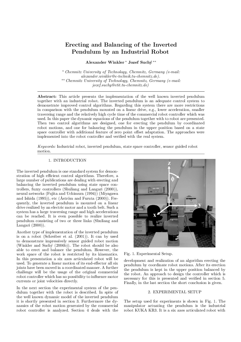 Erecting and Balancing of the Inverted Pendulum by an Industrial Robot