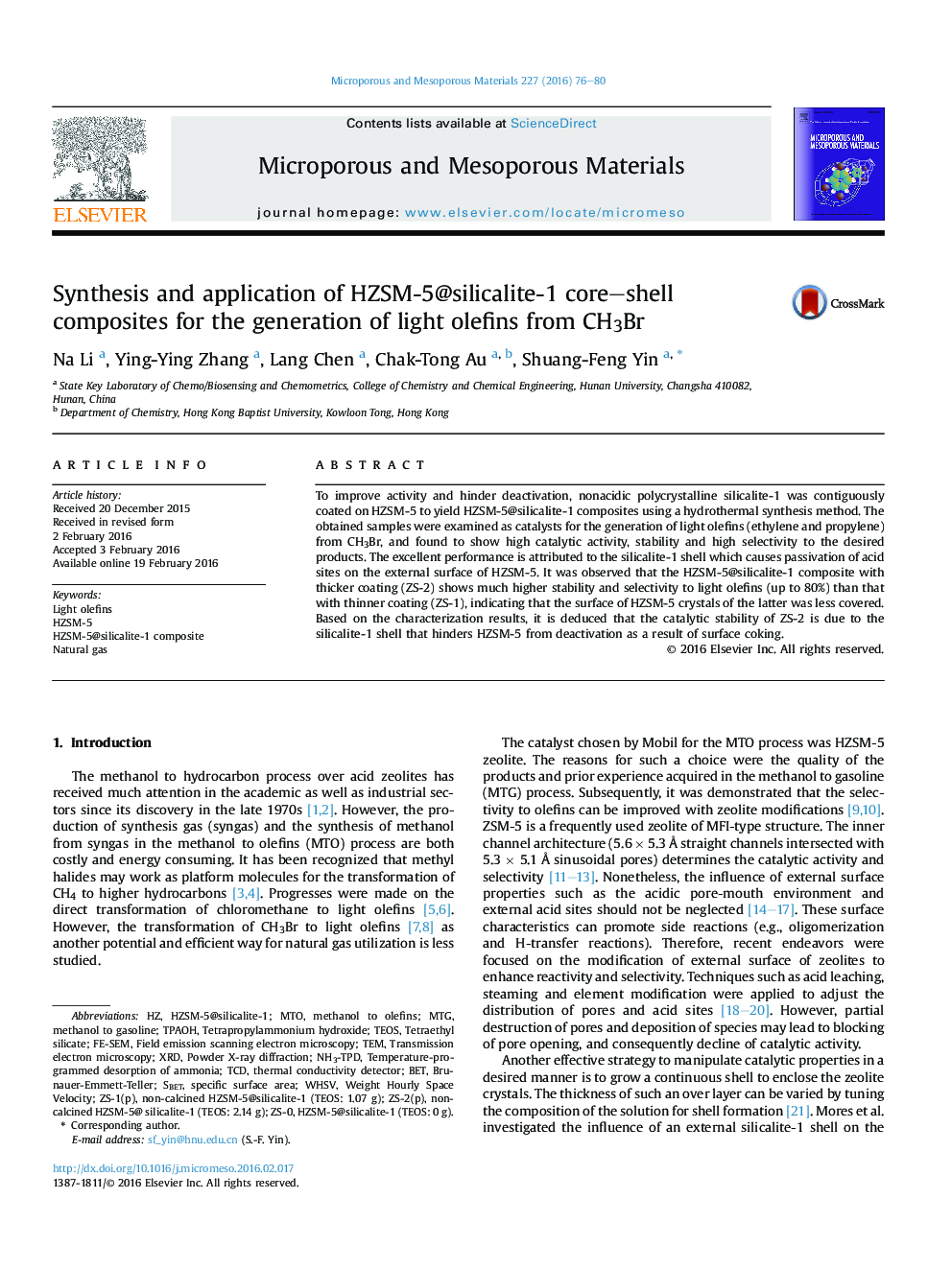 Synthesis and application of HZSM-5@silicalite-1 core–shell composites for the generation of light olefins from CH3Br