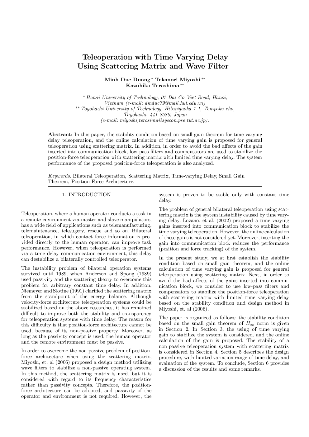 Teleoperation with Time Varying Delay Using Scattering Matrix and Wave Filter