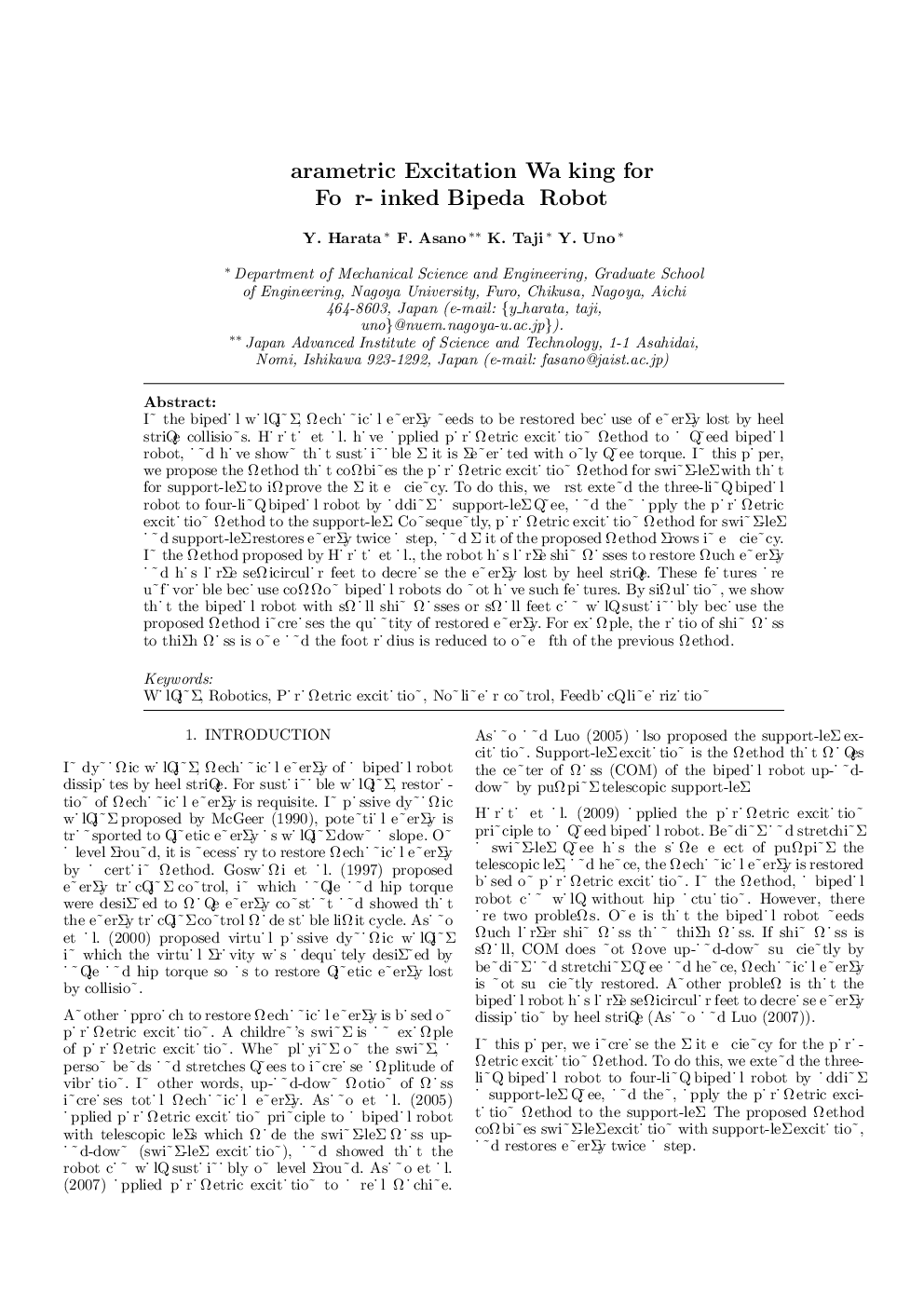 عکس صفحه اول مقاله: Parametric Excitation Walking for Four-linked Bipedal Robot Parametric Excitation Walking for Four-linked Bipedal Robot