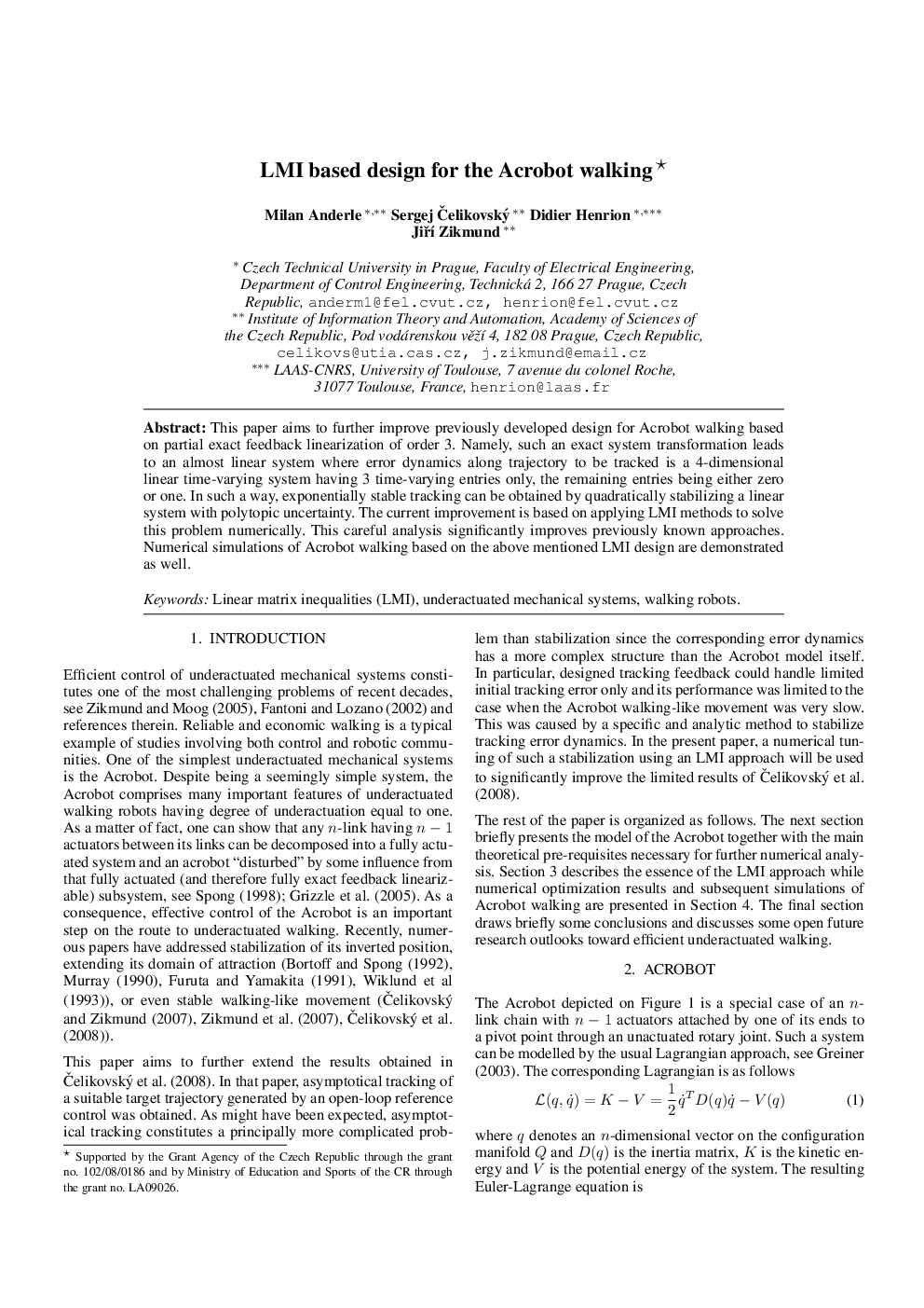 LMI based design for the Acrobot walking* 