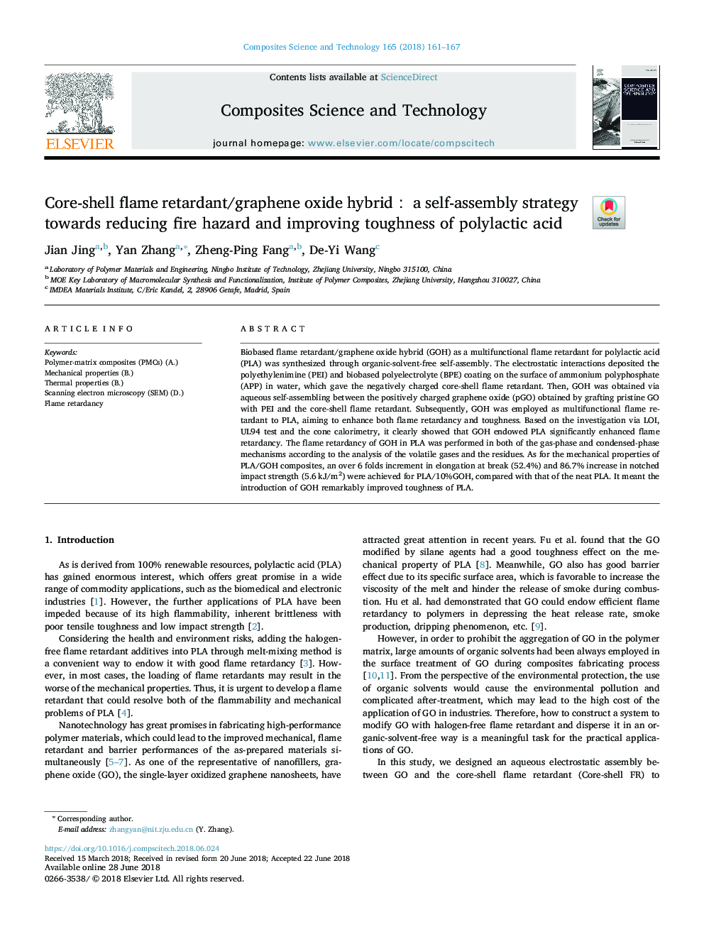 Core-shell flame retardant/graphene oxide hybridï¼ a self-assembly strategy towards reducing fire hazard and improving toughness of polylactic acid