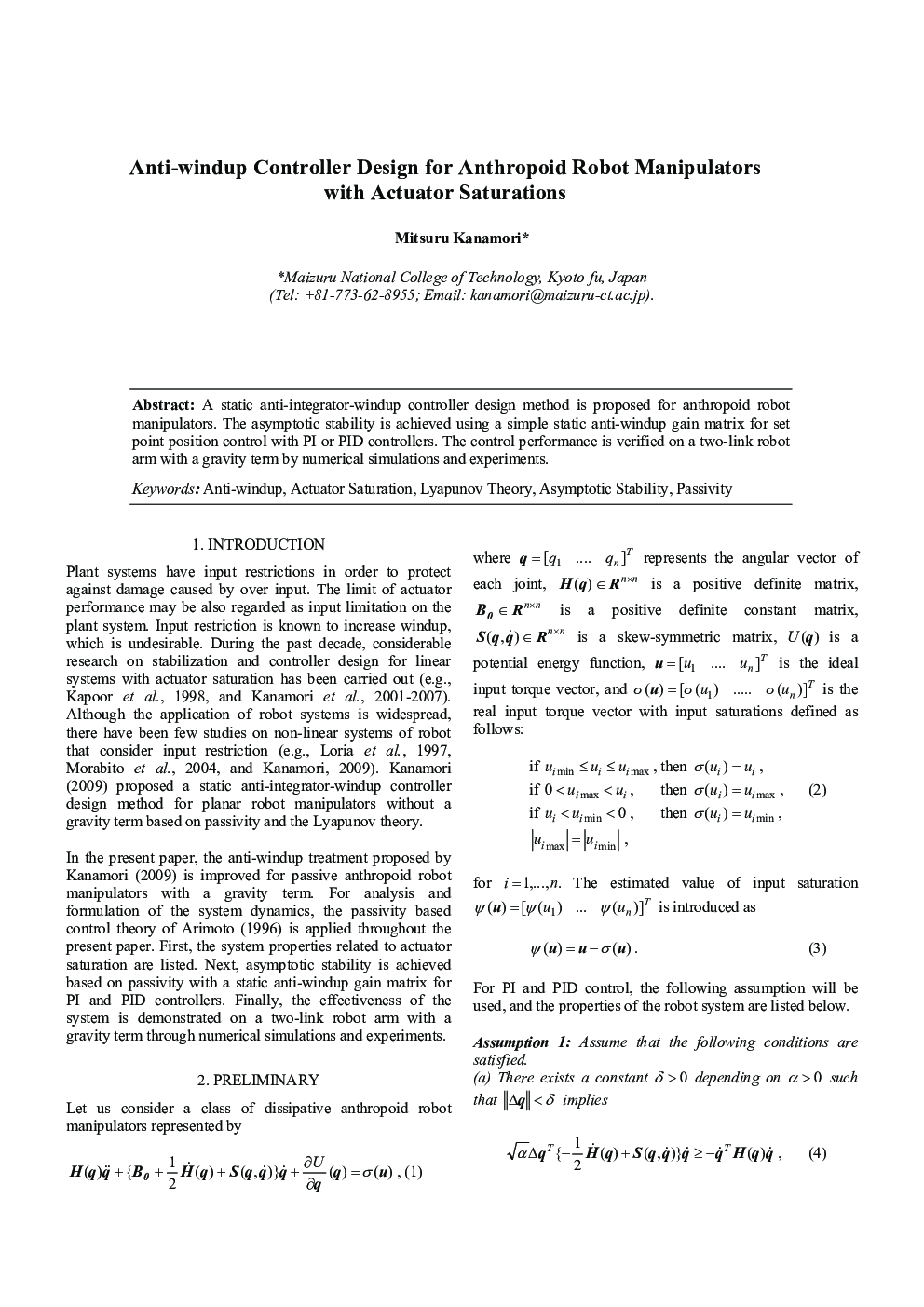 Anti-windup Controller Design for Anthropoid Robot Manipulators with Actuator Saturations