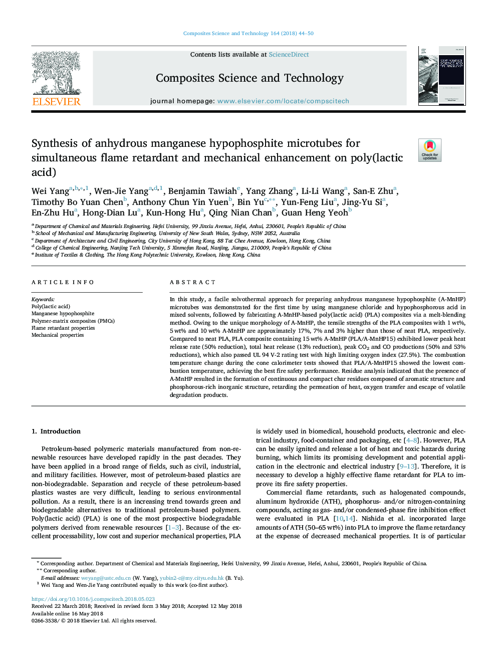 Synthesis of anhydrous manganese hypophosphite microtubes for simultaneous flame retardant and mechanical enhancement on poly(lactic acid)