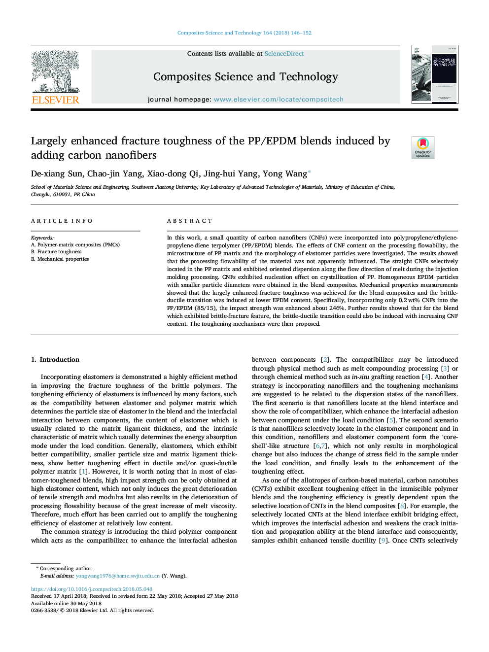 Largely enhanced fracture toughness of the PP/EPDM blends induced by adding carbon nanofibers