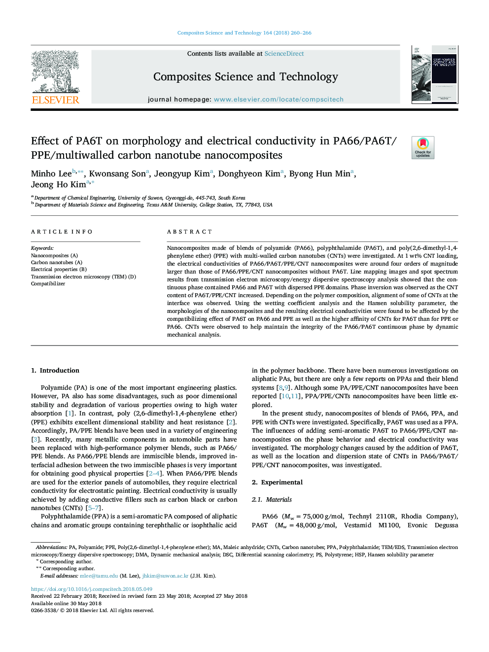 Effect of PA6T on morphology and electrical conductivity in PA66/PA6T/PPE/multiwalled carbon nanotube nanocomposites