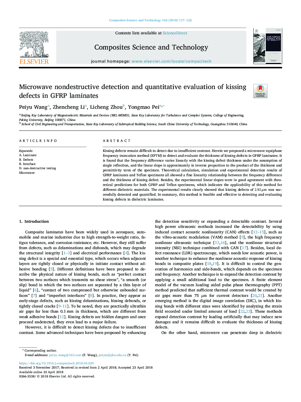 Microwave nondestructive detection and quantitative evaluation of kissing defects in GFRP laminates