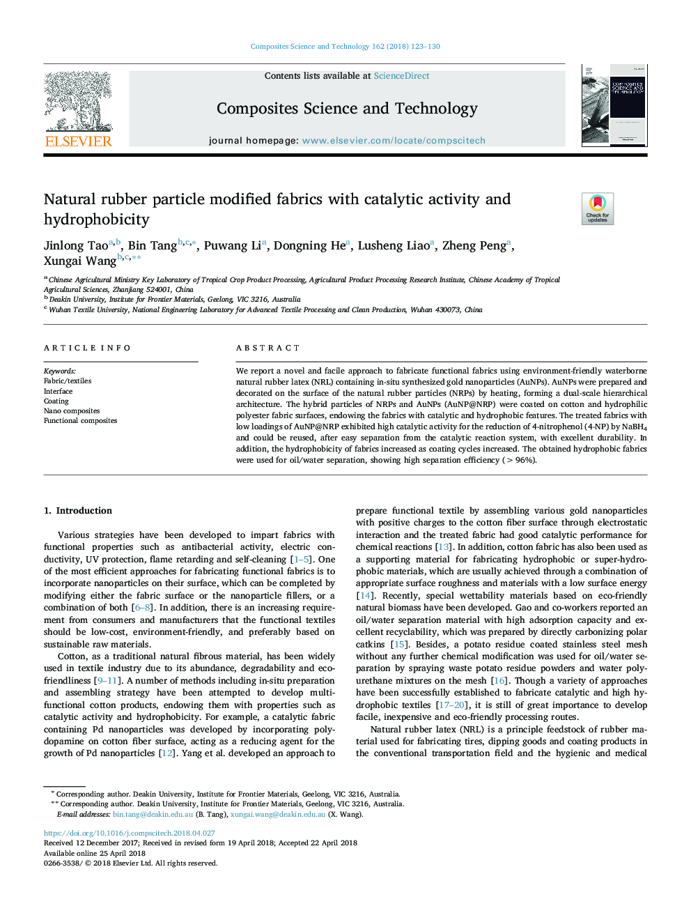 Natural rubber particle modified fabrics with catalytic activity and hydrophobicity