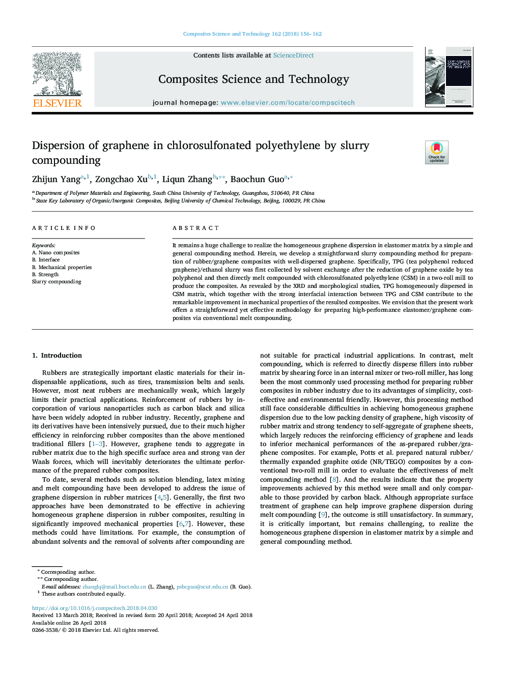 Dispersion of graphene in chlorosulfonated polyethylene by slurry compounding