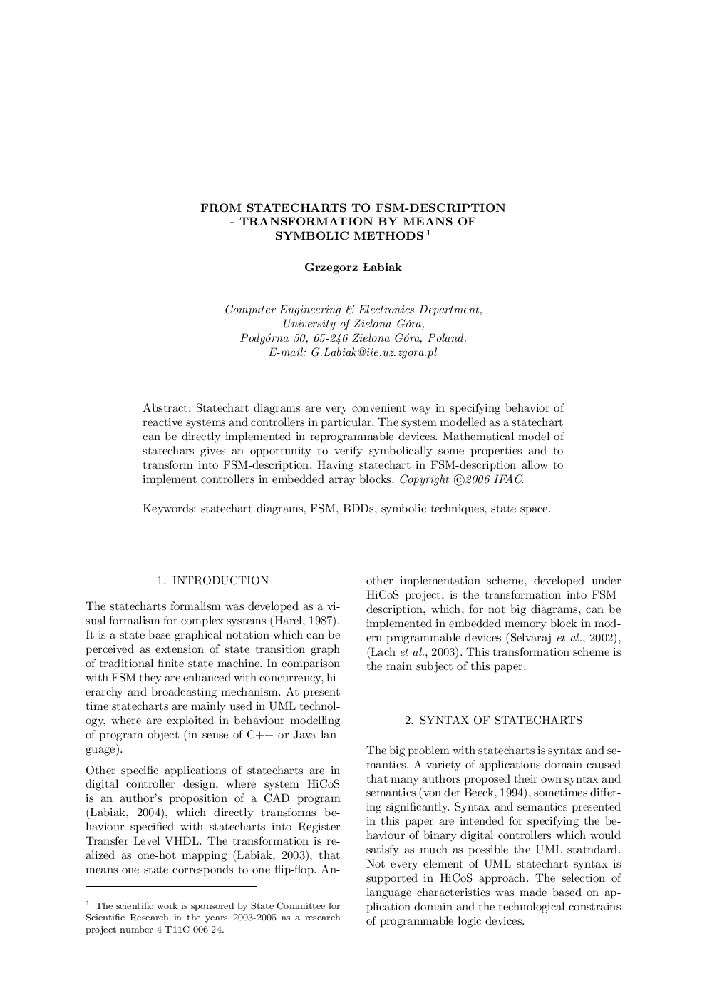 FROM STATECHARTS TO FSM-DESCRIPTION - TRANSFORMATION BY MEANS OF SYMBOLIC METHODS 