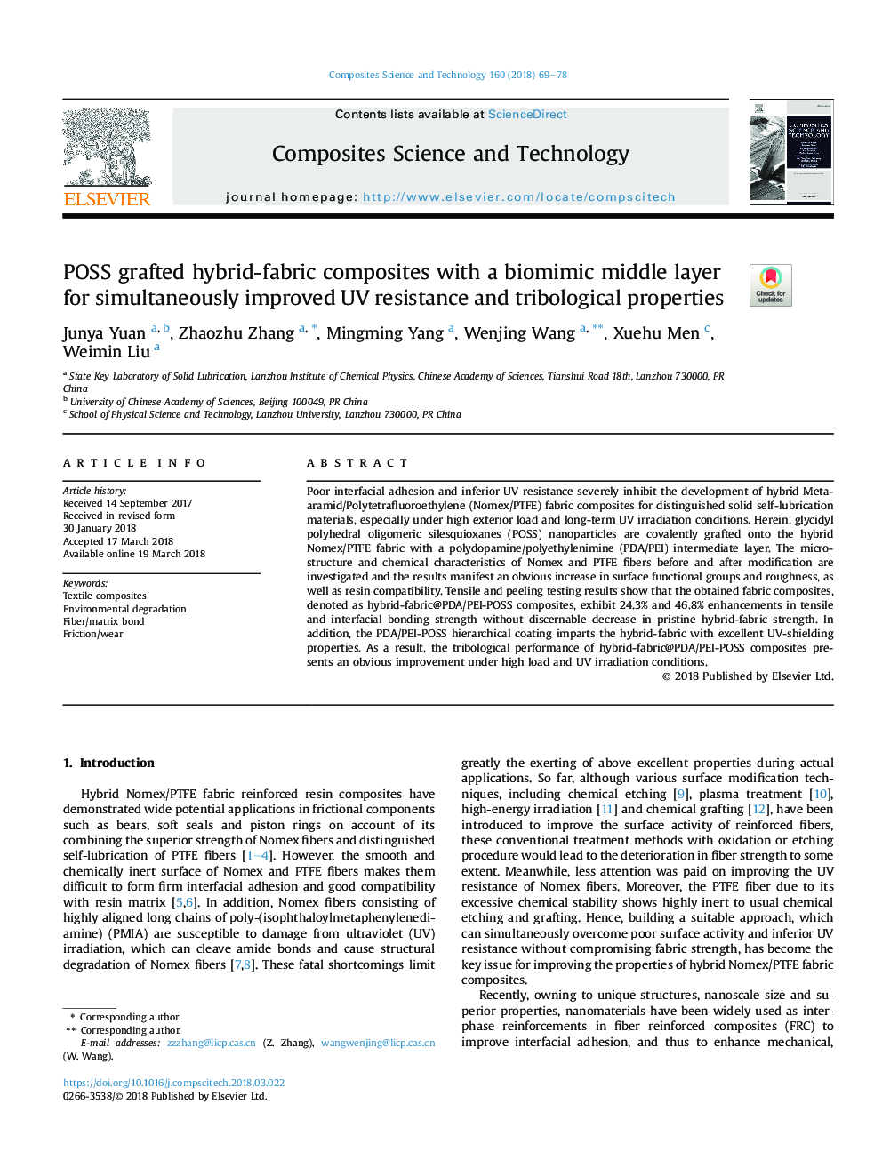 POSS grafted hybrid-fabric composites with a biomimic middle layer for simultaneously improved UV resistance and tribological properties