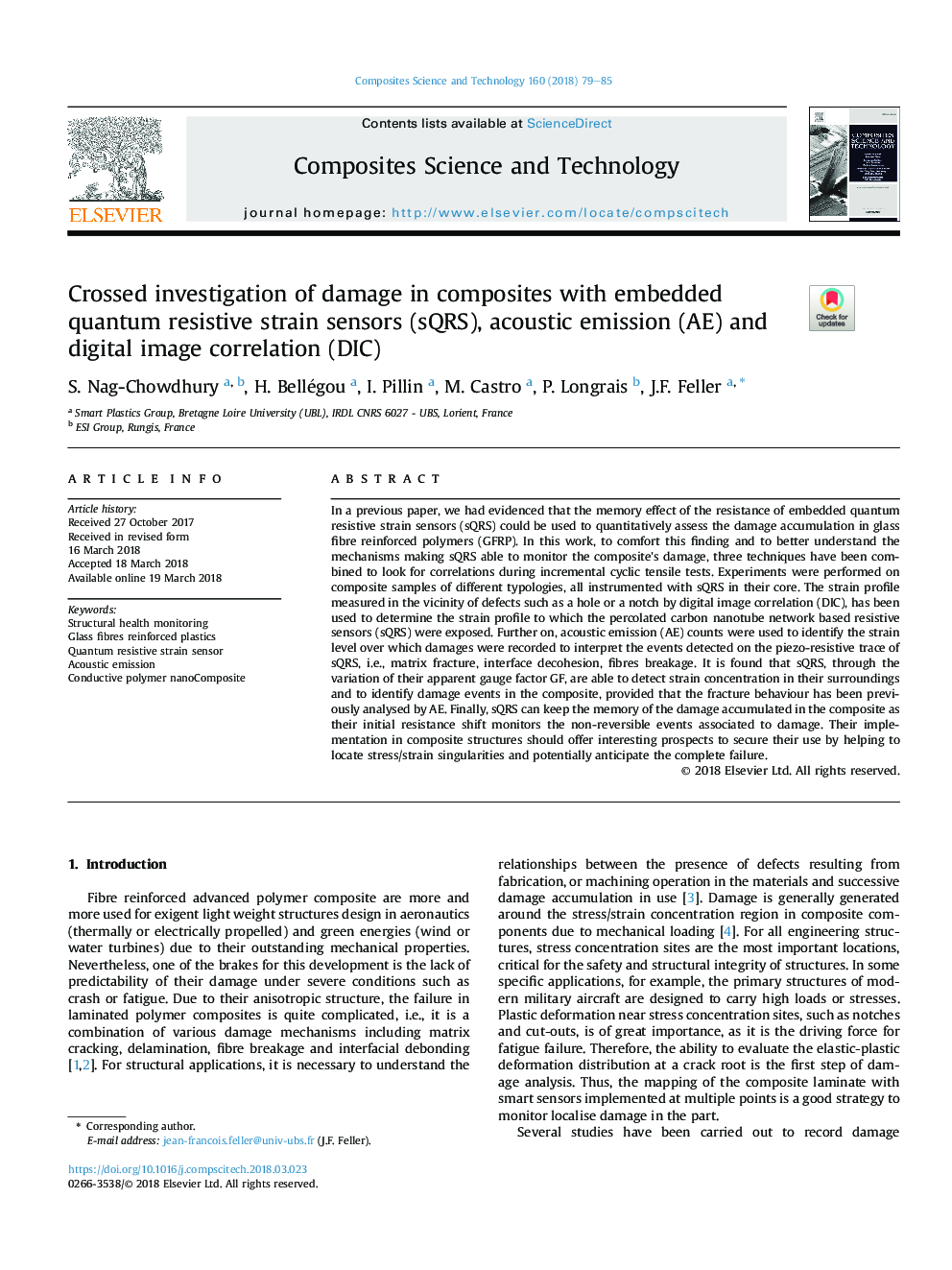 Crossed investigation of damage in composites with embedded quantum resistive strain sensors (sQRS), acoustic emission (AE) and digital image correlation (DIC)