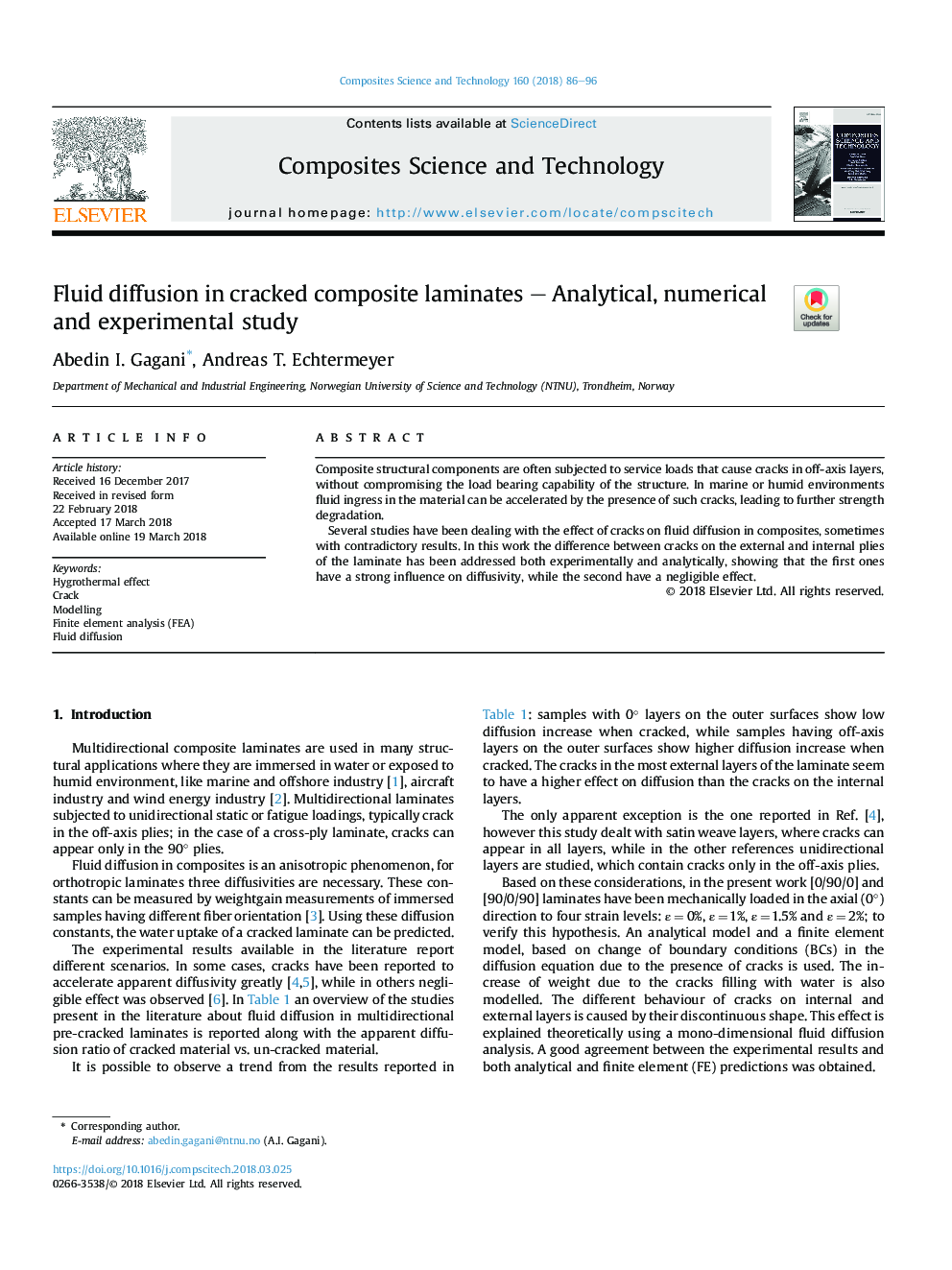 Fluid diffusion in cracked composite laminates - Analytical, numerical and experimental study