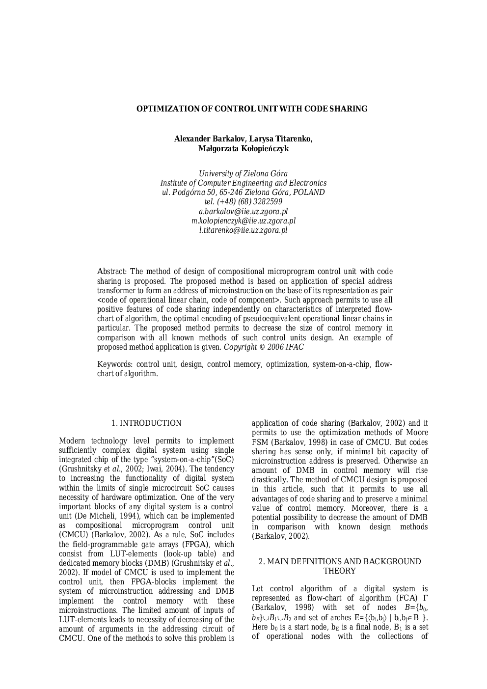 OPTIMIZATION OF CONTROL UNIT WITH CODE SHARING