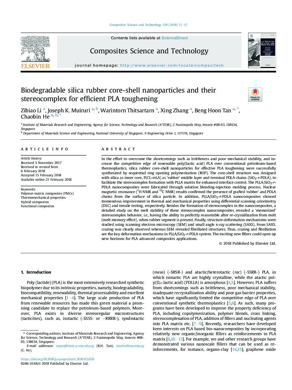 Biodegradable silica rubber core-shell nanoparticles and their stereocomplex for efficient PLA toughening
