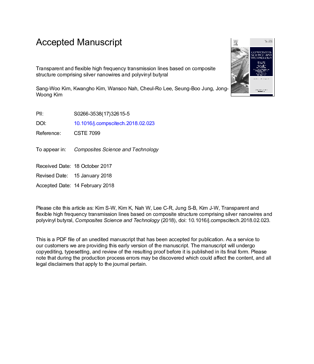 Transparent and flexible high frequency transmission lines based on composite structure comprising silver nanowires and polyvinyl butyral