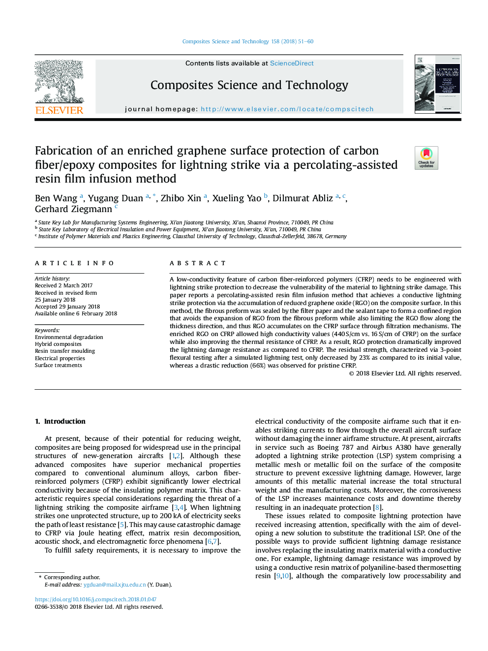 Fabrication of an enriched graphene surface protection of carbon fiber/epoxy composites for lightning strike via a percolating-assisted resin film infusion method
