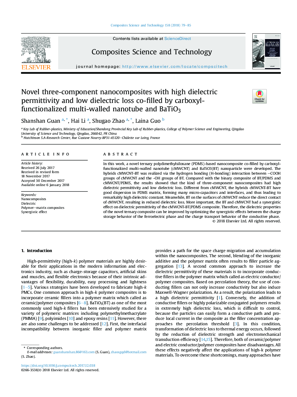 Novel three-component nanocomposites with high dielectric permittivity and low dielectric loss co-filled by carboxyl-functionalized multi-walled nanotube and BaTiO3