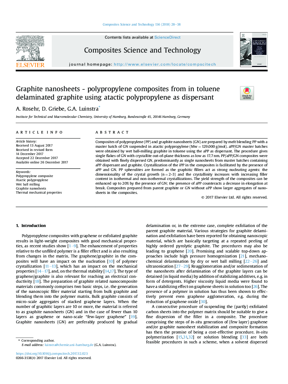 Graphite nanosheets - polypropylene composites from in toluene delaminated graphite using atactic polypropylene as dispersant