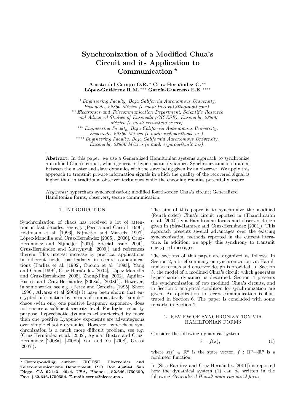 Synchronization of a Modified Chua's Circuit and its Application to Communication*