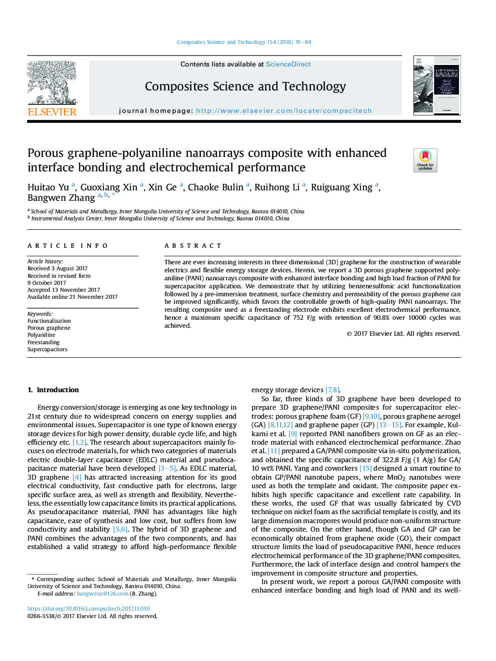 Porous graphene-polyaniline nanoarrays composite with enhanced interface bonding and electrochemical performance