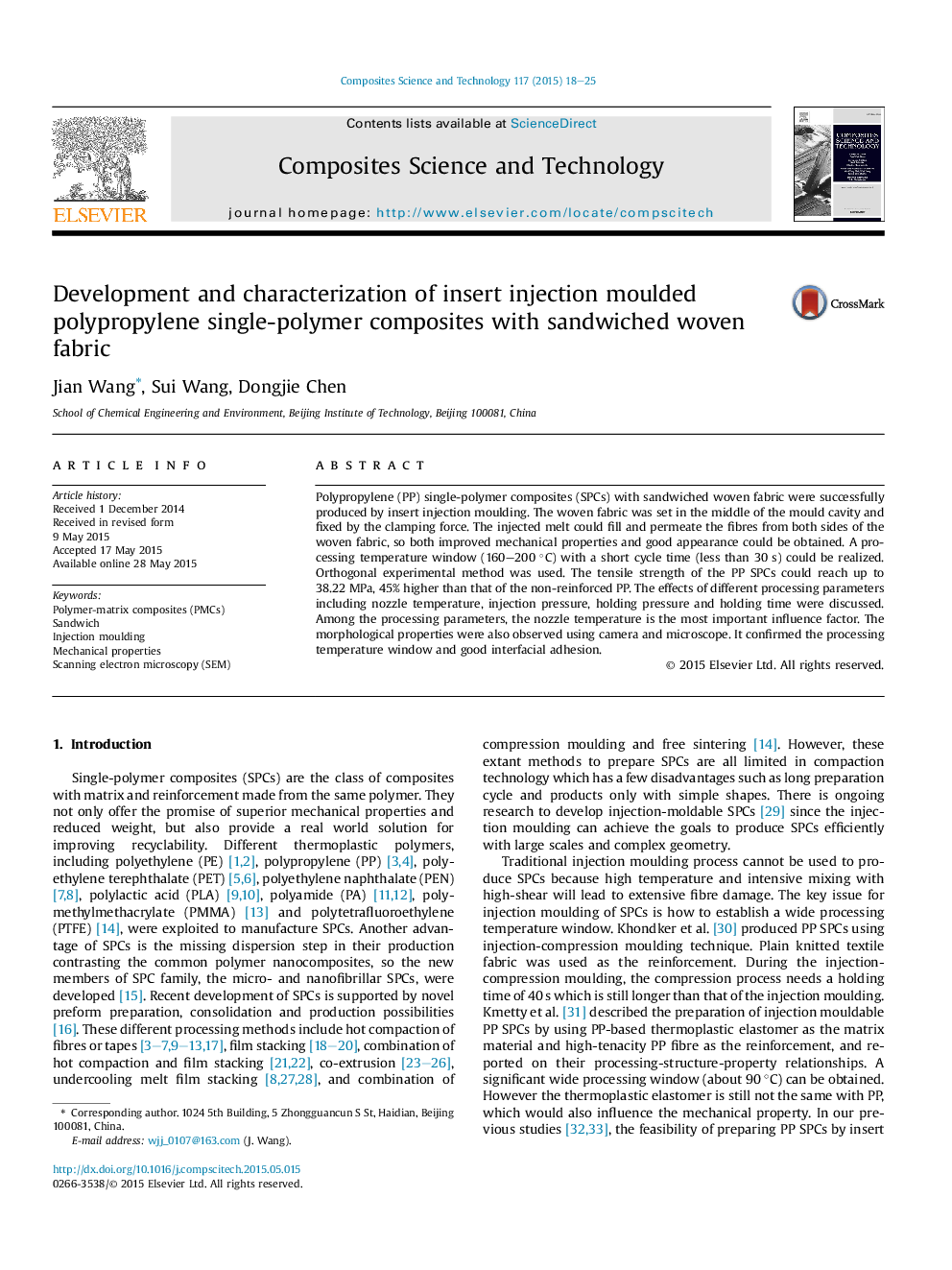 Development and characterization of insert injection moulded polypropylene single-polymer composites with sandwiched woven fabric