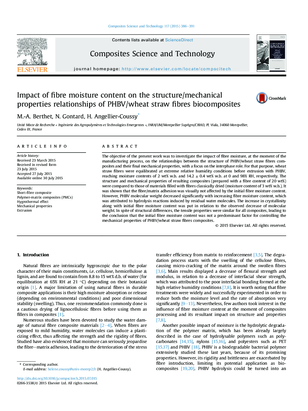 Impact of fibre moisture content on the structure/mechanical properties relationships of PHBV/wheat straw fibres biocomposites