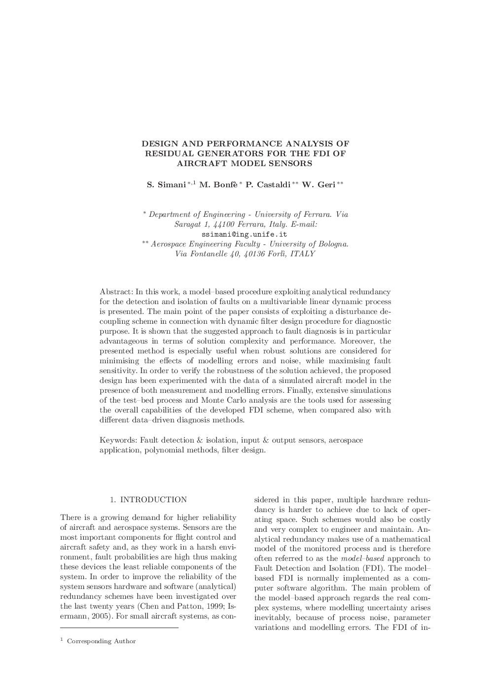 DESIGN AND PERFORMANCE ANALYSIS OF RESIDUAL GENERATORS FOR THE FDI OF AIRCRAFT MODEL SENSORS