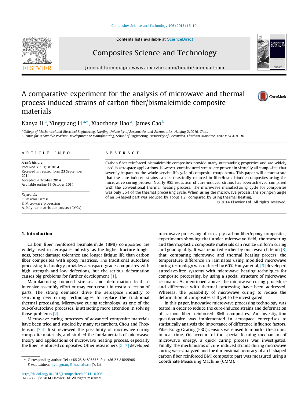 A comparative experiment for the analysis of microwave and thermal process induced strains of carbon fiber/bismaleimide composite materials