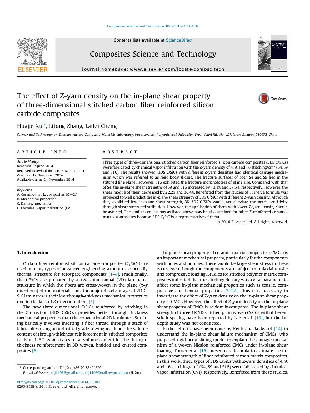 The effect of Z-yarn density on the in-plane shear property of three-dimensional stitched carbon fiber reinforced silicon carbide composites