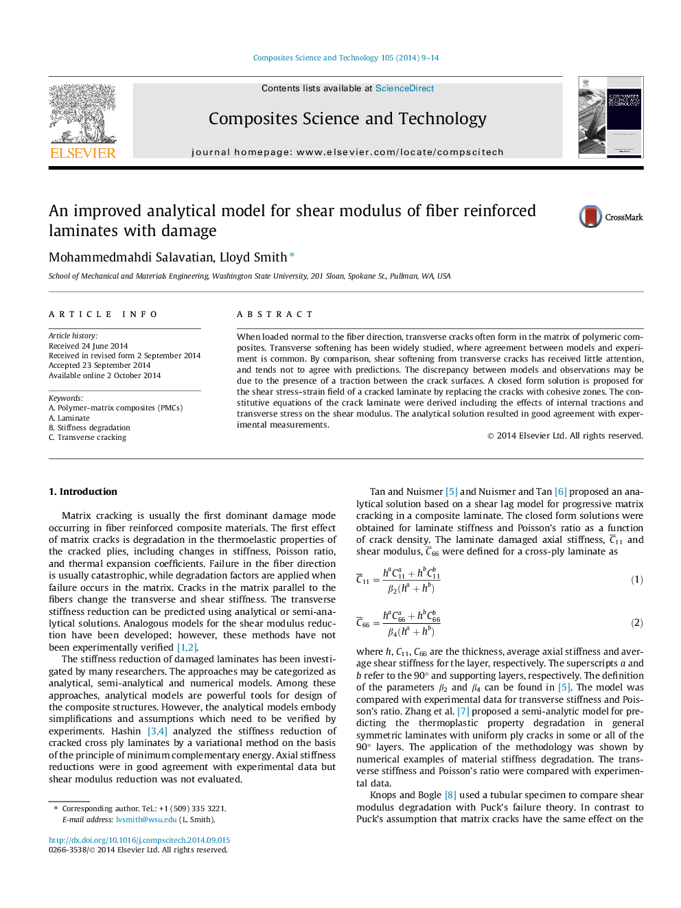 An improved analytical model for shear modulus of fiber reinforced laminates with damage