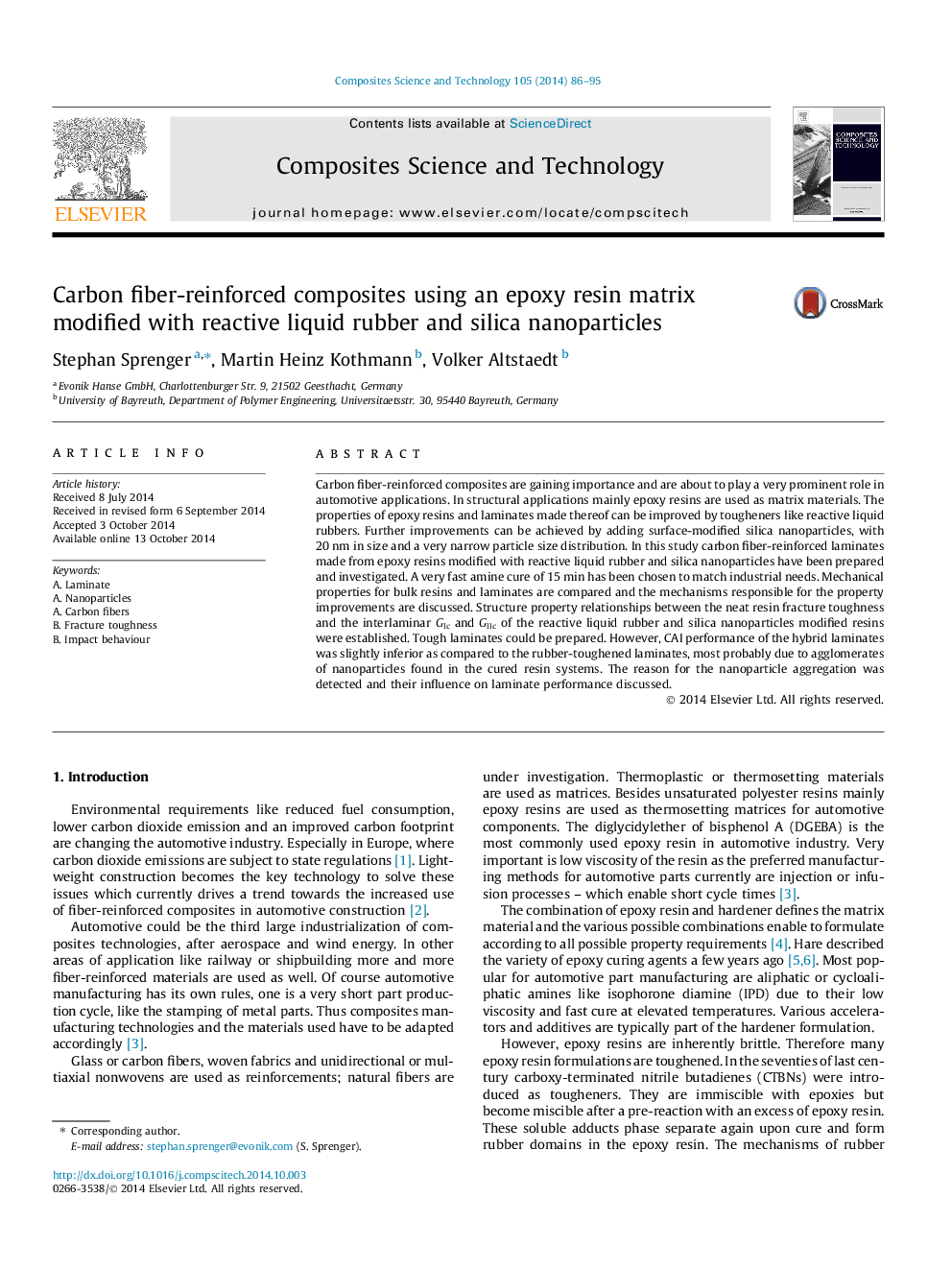 Carbon fiber-reinforced composites using an epoxy resin matrix modified with reactive liquid rubber and silica nanoparticles