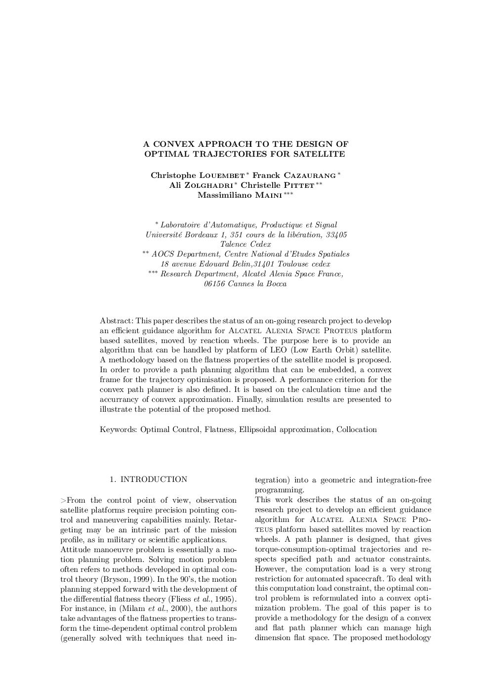 A CONVEX APPROACH TO THE DESIGN OF OPTIMAL TRAJECTORIES FOR SATELLITE