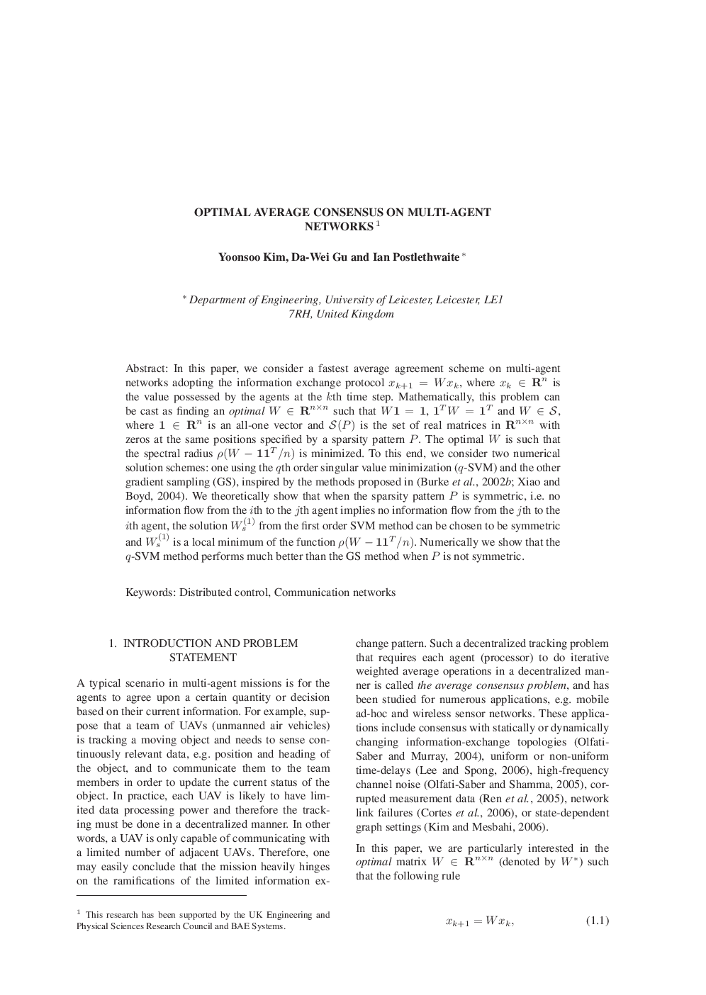 OPTIMAL AVERAGE CONSENSUS ON MULTI-AGENT NETWORKS1