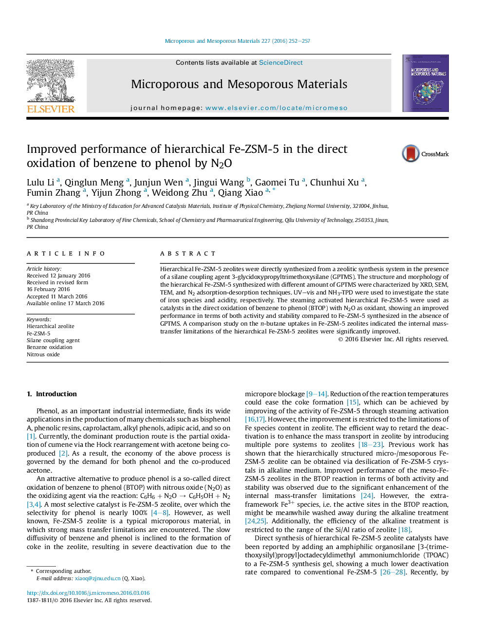 Improved performance of hierarchical Fe-ZSM-5 in the direct oxidation of benzene to phenol by N2O