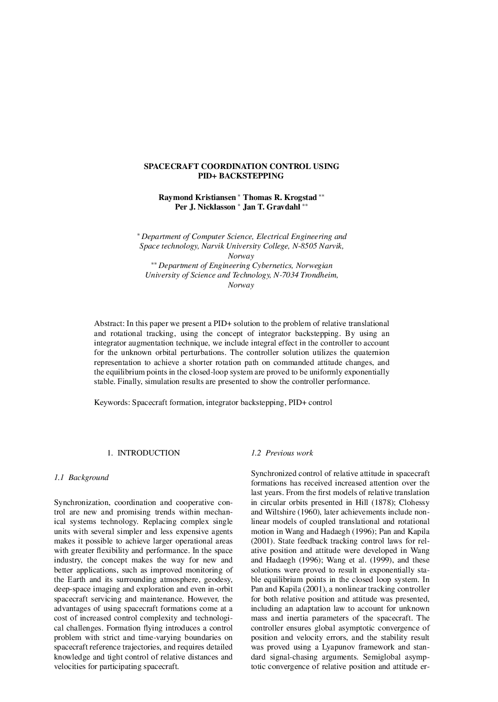 SPACECRAFT COORDINATION CONTROL USING PID+ BACKSTEPPING