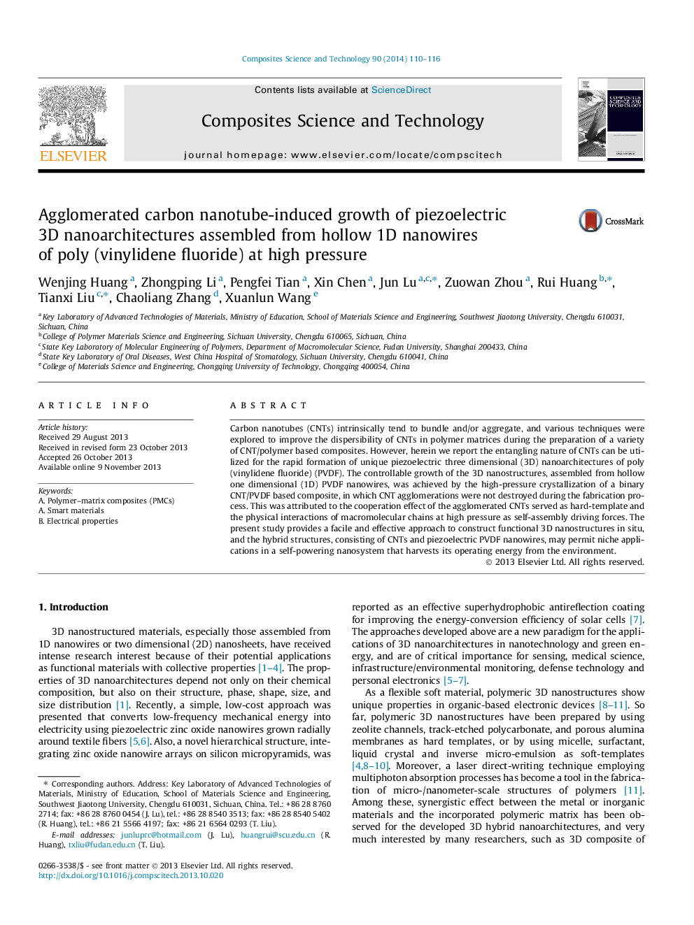 Agglomerated carbon nanotube-induced growth of piezoelectric 3D nanoarchitectures assembled from hollow 1D nanowires of poly (vinylidene fluoride) at high pressure