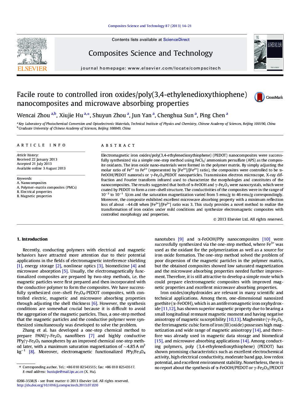 Facile route to controlled iron oxides/poly(3,4-ethylenedioxythiophene) nanocomposites and microwave absorbing properties