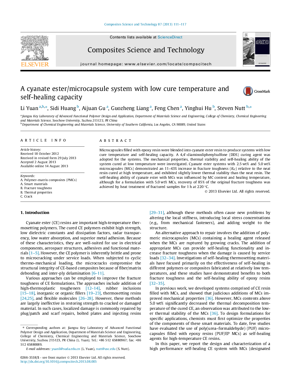 A cyanate ester/microcapsule system with low cure temperature and self-healing capacity