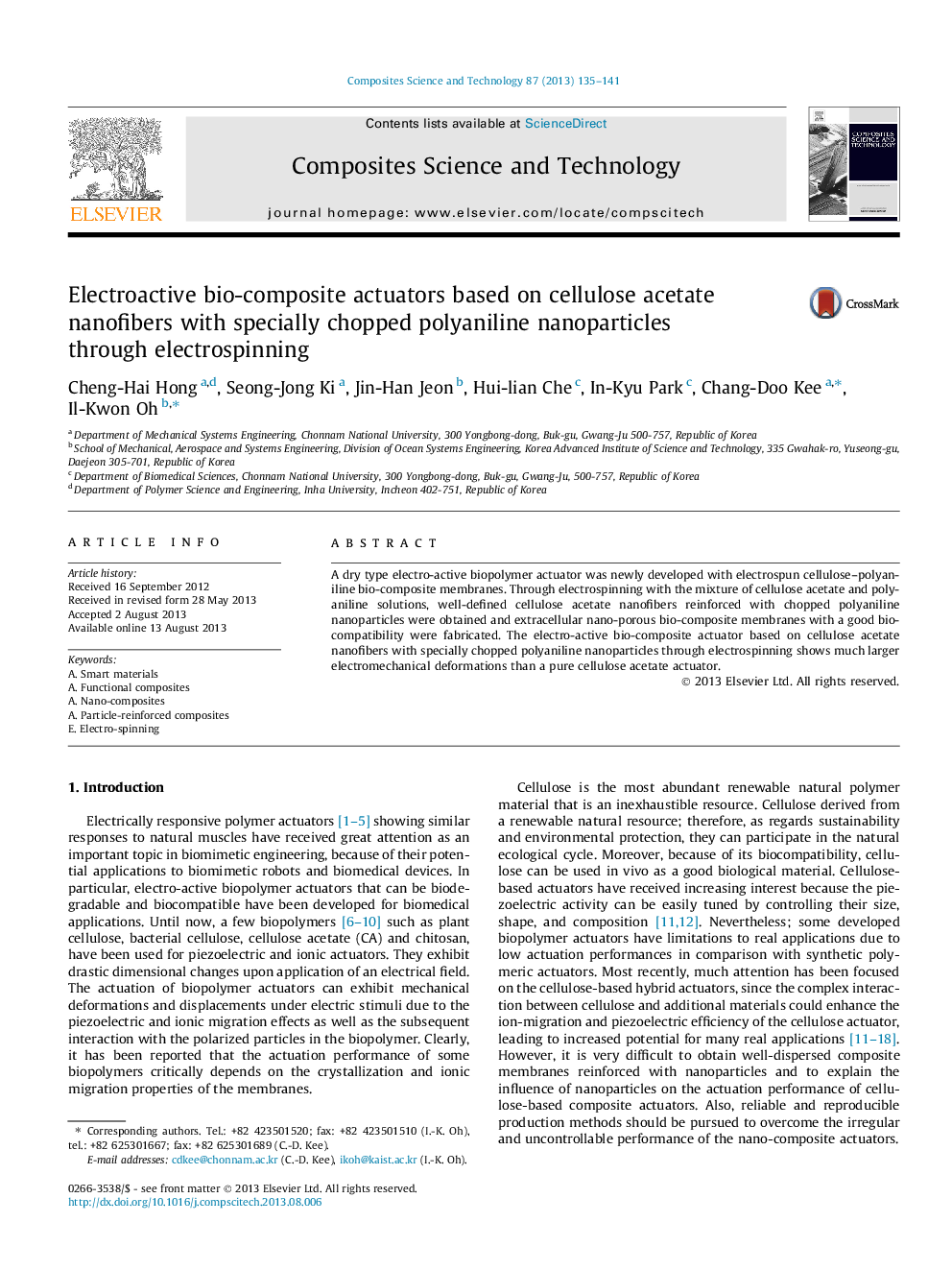 Electroactive bio-composite actuators based on cellulose acetate nanofibers with specially chopped polyaniline nanoparticles through electrospinning