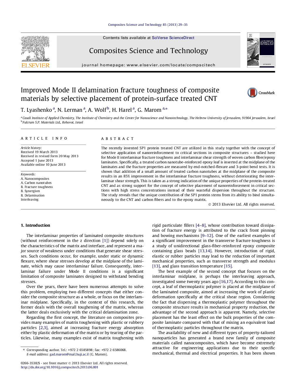 Improved Mode II delamination fracture toughness of composite materials by selective placement of protein-surface treated CNT