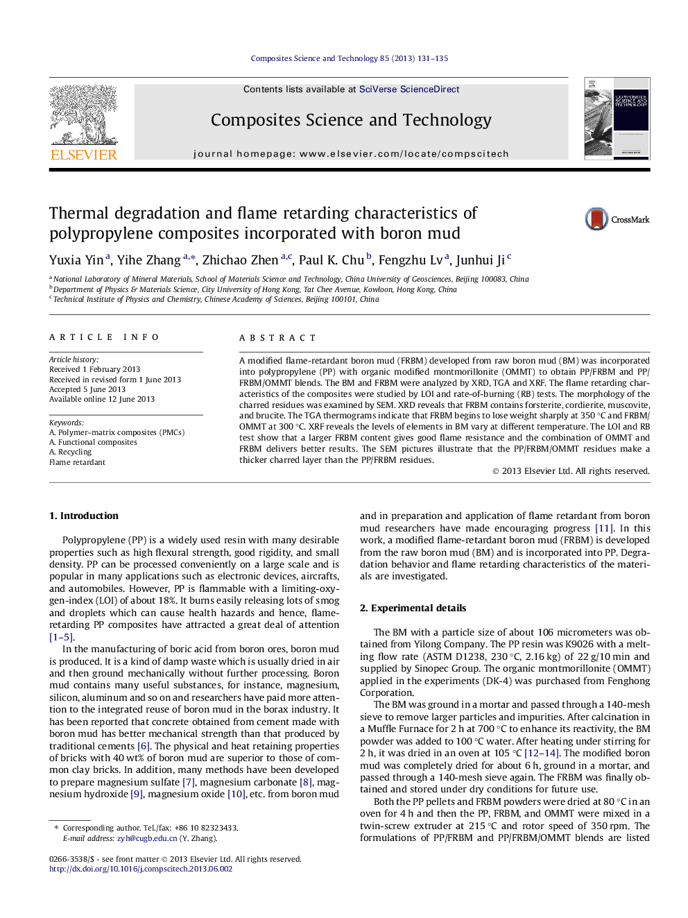 Thermal degradation and flame retarding characteristics of polypropylene composites incorporated with boron mud