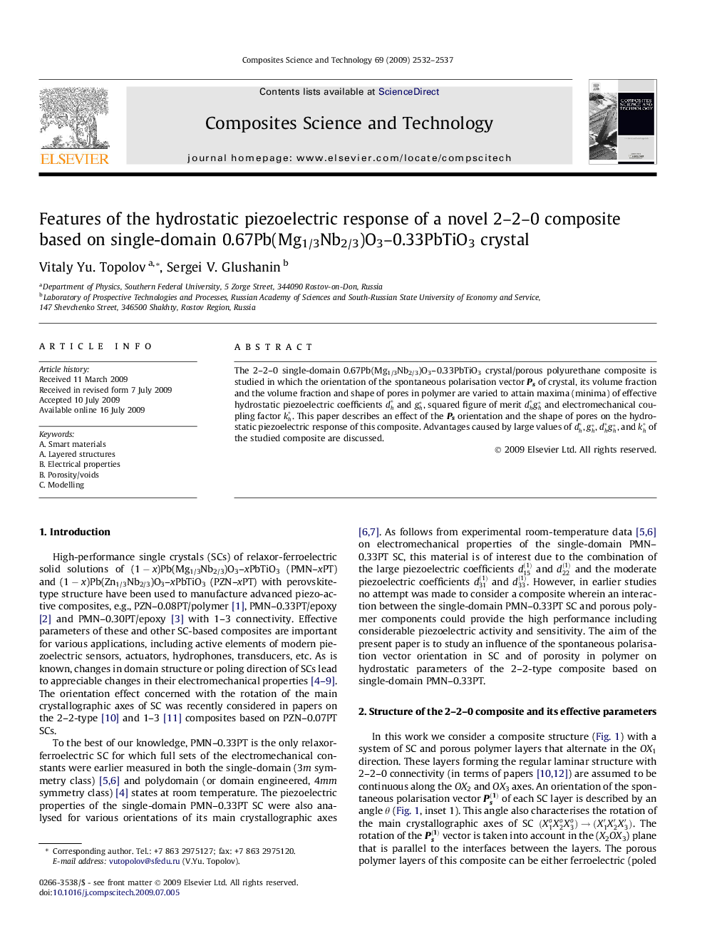 Features of the hydrostatic piezoelectric response of a novel 2-2-0 composite based on single-domain 0.67Pb(Mg1/3Nb2/3)O3-0.33PbTiO3 crystal