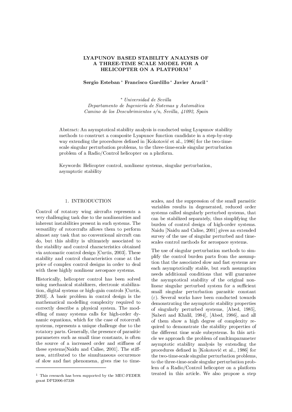 LYAPUNOV BASED STABILITY ANALYSIS OF A THREE-TIME SCALE MODEL FOR A HELICOPTER ON A PLATFORM1