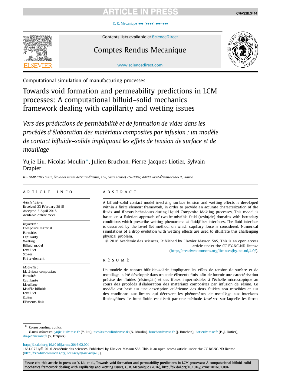 Towards void formation and permeability predictions in LCM processes: A computational bifluid-solid mechanics framework dealing with capillarity and wetting issues