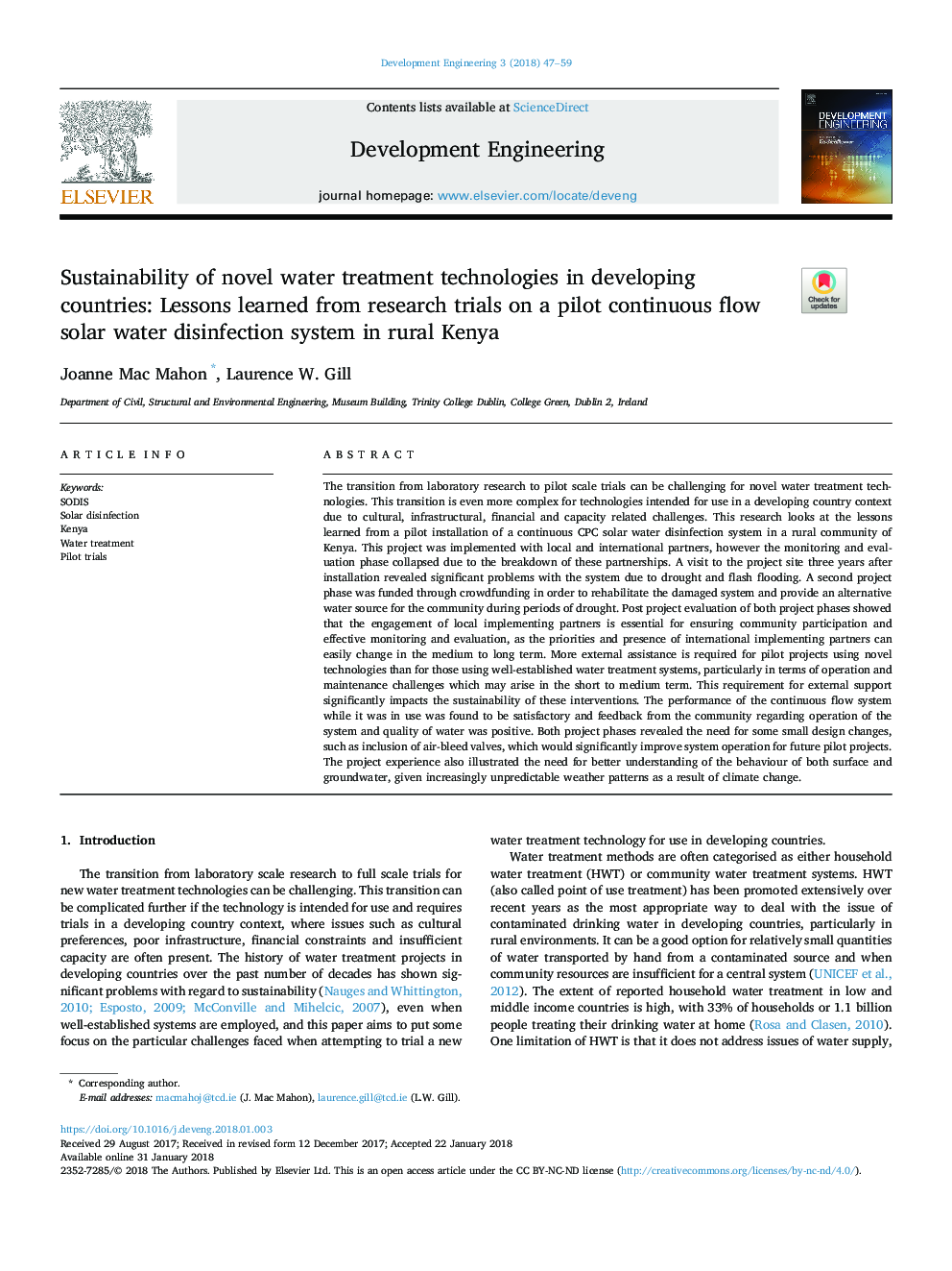 Sustainability of novel water treatment technologies in developing countries: Lessons learned from research trials on a pilot continuous flow solar water disinfection system in rural Kenya