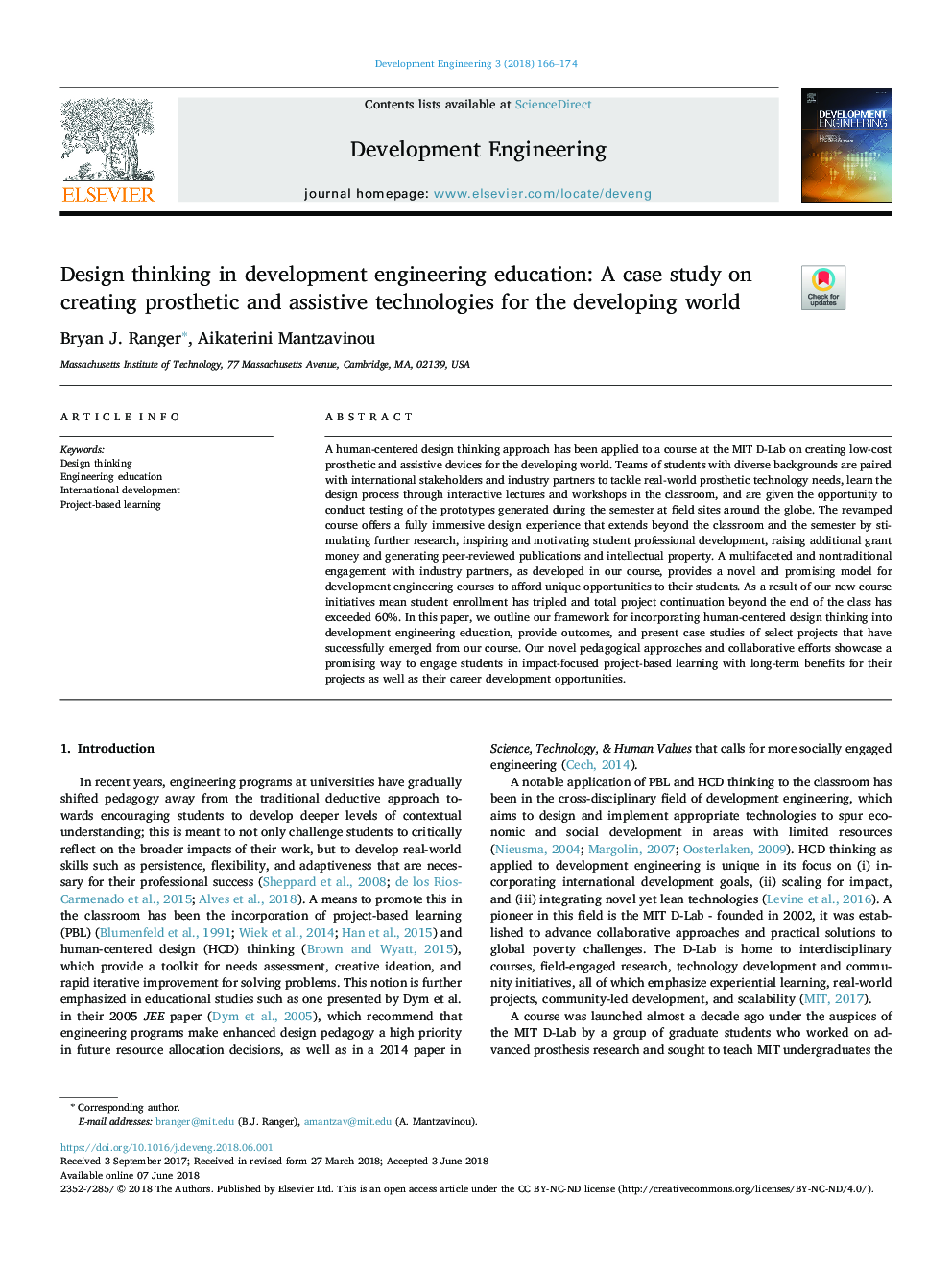 Design thinking in development engineering education: A case study on creating prosthetic and assistive technologies for the developing world