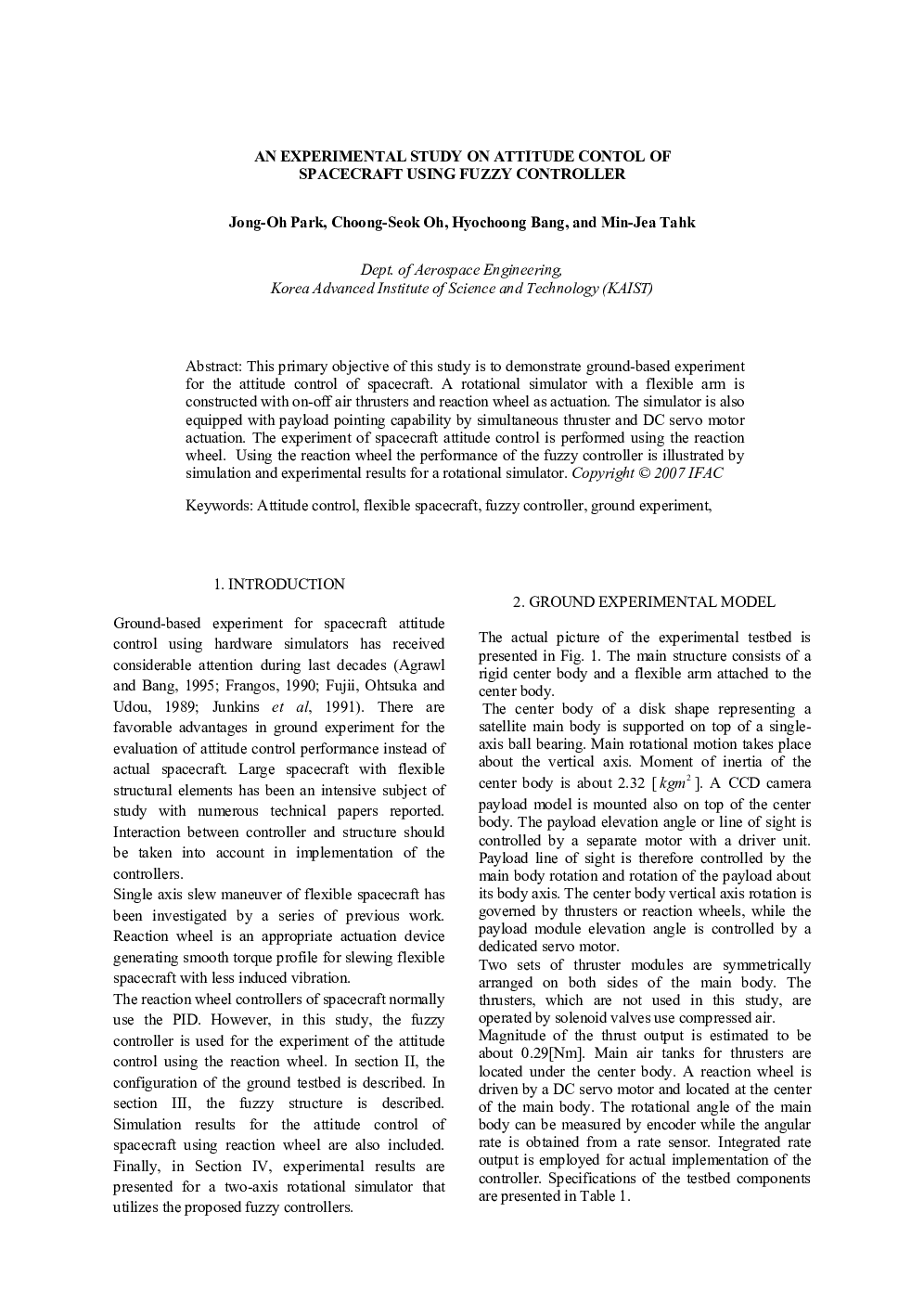 AN EXPERIMENTAL STUDY ON ATTITUDE CONTOL OF SPACECRAFT USING FUZZY CONTROLLER