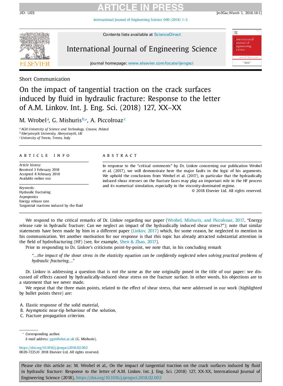 On the impact of tangential traction on the crack surfaces induced by fluid in hydraulic fracture: Response to the letter of A.M. Linkov. Int. J. Eng. Sci. (2018) 127, 217-219